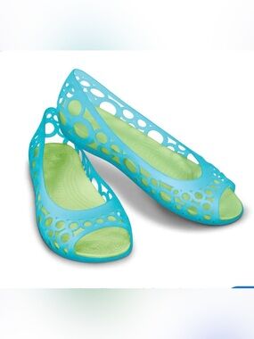 CROCS Aqua Blue Peep-Toe Cutout Flats with Lime Green Insole